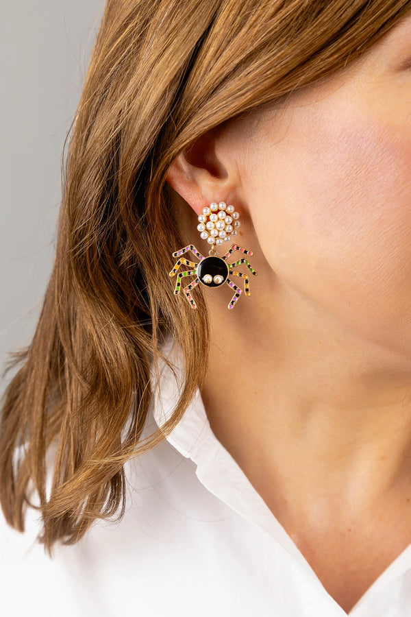 Halloween Enamel Spider Earrings in Black/Multi