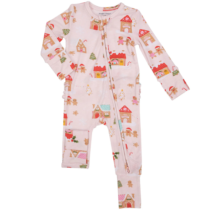 Gingerbread Village Pink 2-Way Ruffle Back Zipper Romper