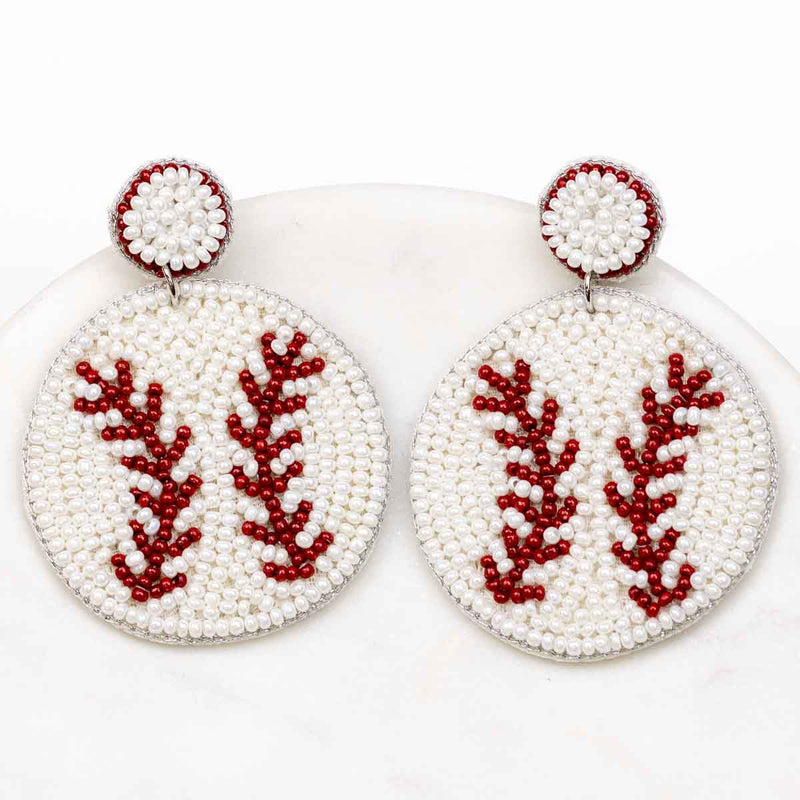 Baseball Beaded Earrings White/Red 2.5”