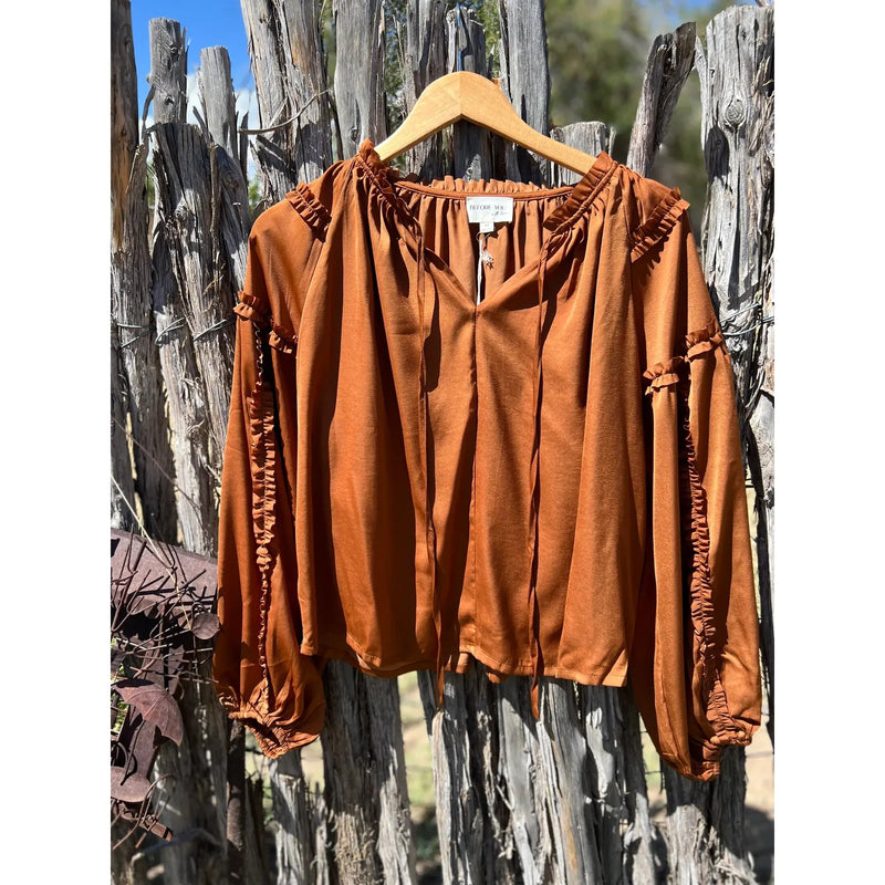 Copper Satin Ruffle Boho Top