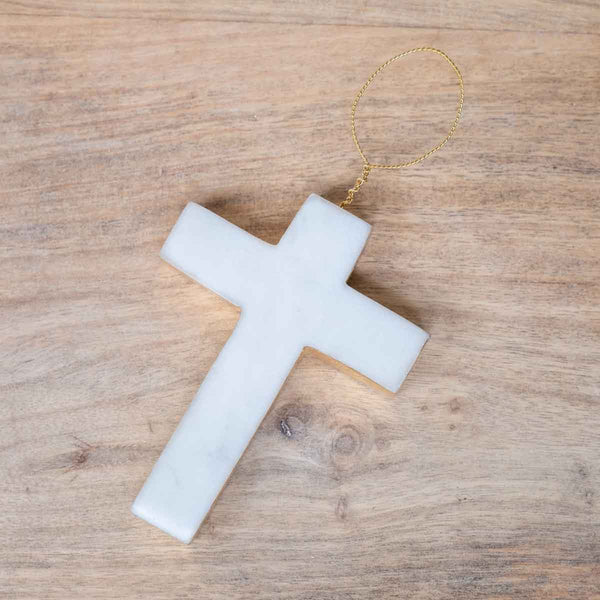 Cross Marble Ornament White/Gold