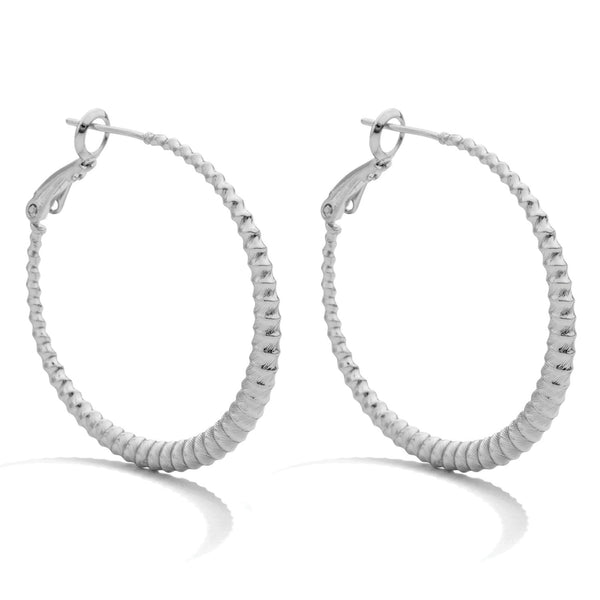 Medium Striped Textured Lever Back Hoops - Silver