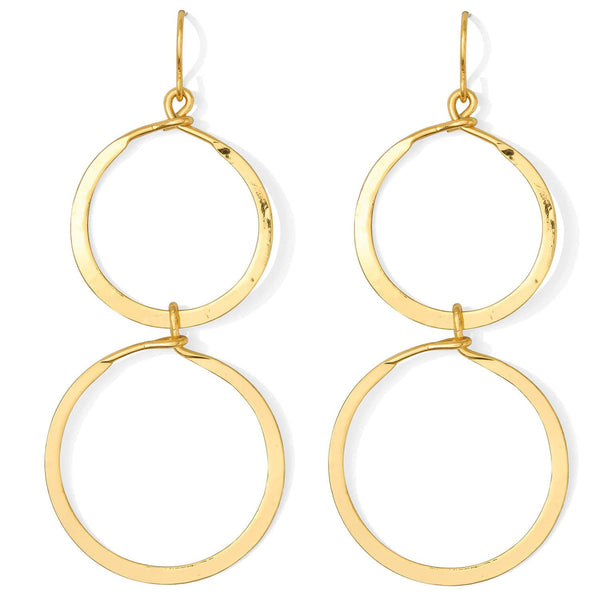Long Lightly Hammered Double Open Circle Earrings - Gold