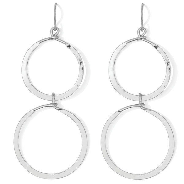 Long Lightly Hammered Double Open Circle Earrings - Silver