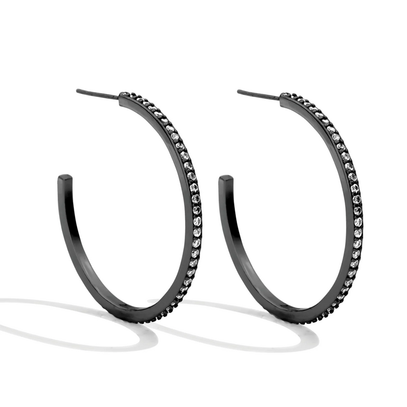 Large Delicate Pave Hoops - Gunmetal