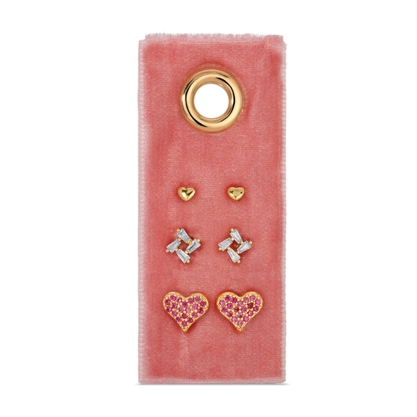 Pink Pave Heart Velvet Set of 3 Earrings