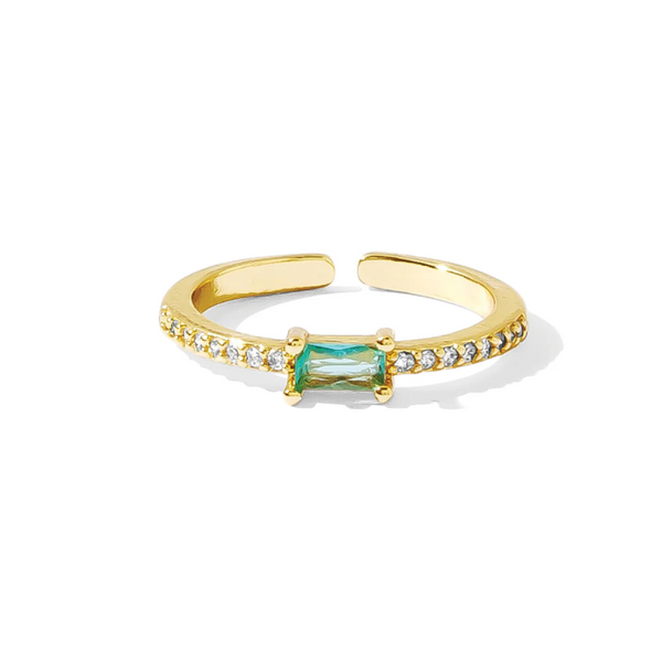 Delicate Pave Adjustable Ring with Slender Aqua Cubic Zirconia Rectangle Accent - Gold