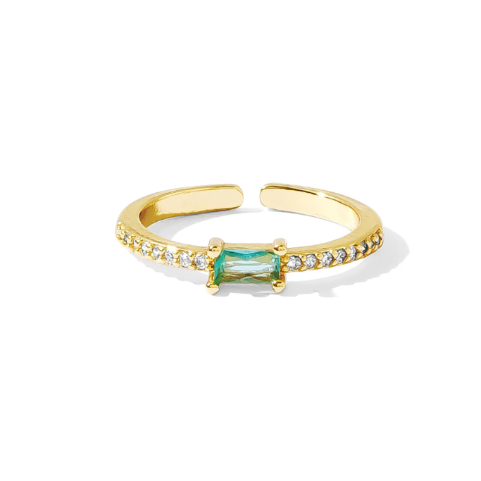 Delicate Pave Adjustable Ring with Slender Aqua Cubic Zirconia Rectangle Accent - Gold