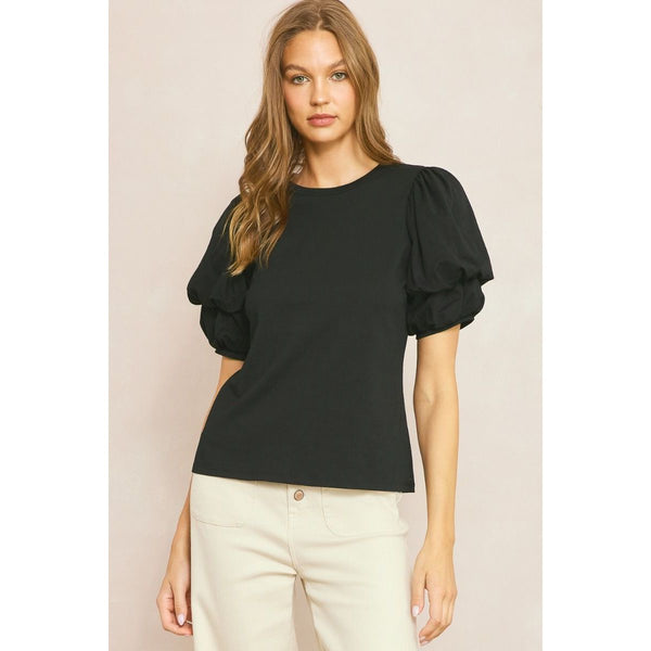 Black Solid Half Bubble Sleeve Top