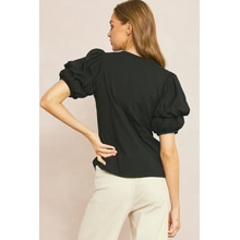 Black Solid Half Bubble Sleeve Top