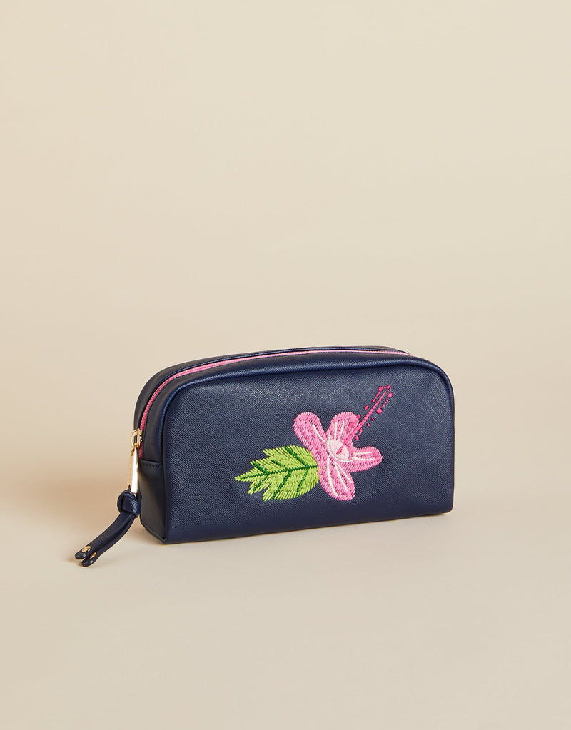 Embroidered Travel Case-Hibiscus Navy