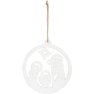 White Enamel Wood Nativity Round Ornament