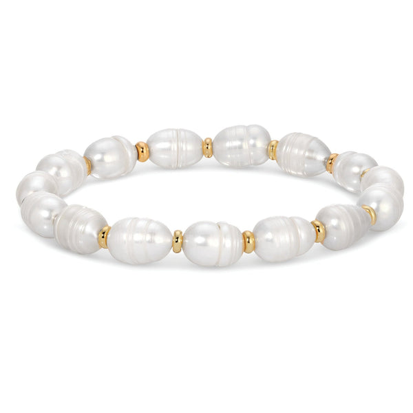 Long Oblong Pearl With Alternating Disc Stretch Bracelet Gold