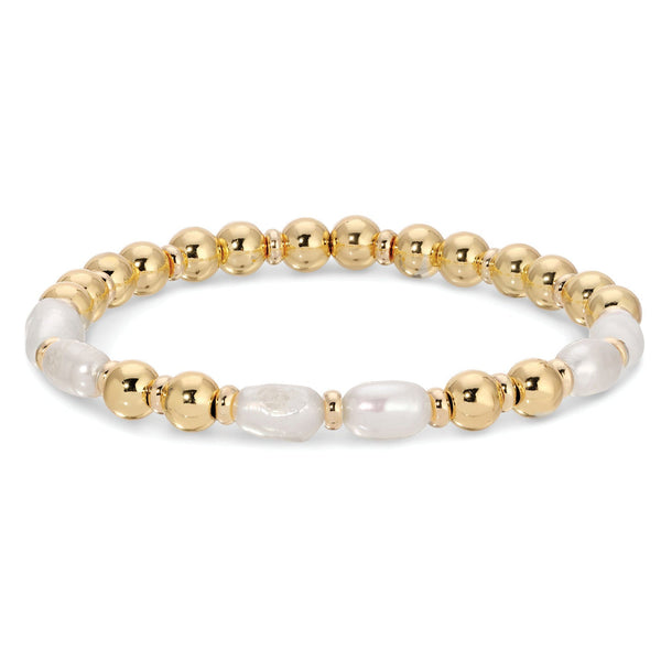 Stretch Bracelet With 3 Paired Sets of 2 Oblong Pearls and Discs