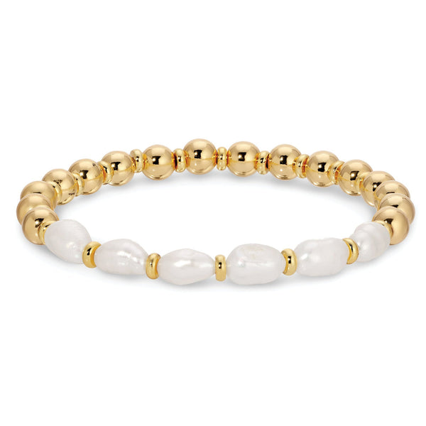 Stretch Bracelet With 6 Grouped Oblong Pearls And Discs With Beads And Discs