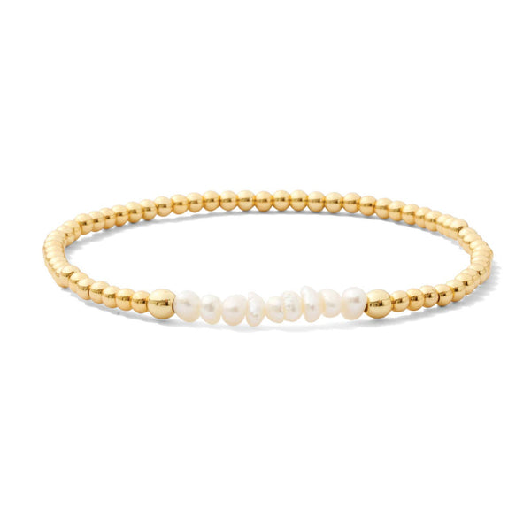 3mm Stretch Beaded Bracelet With 9 Small Pearls and 4mm Accent in Gold