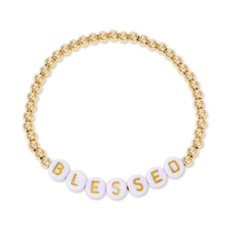 Blessed on 4mm Gold Beaded Stretch Bracelet