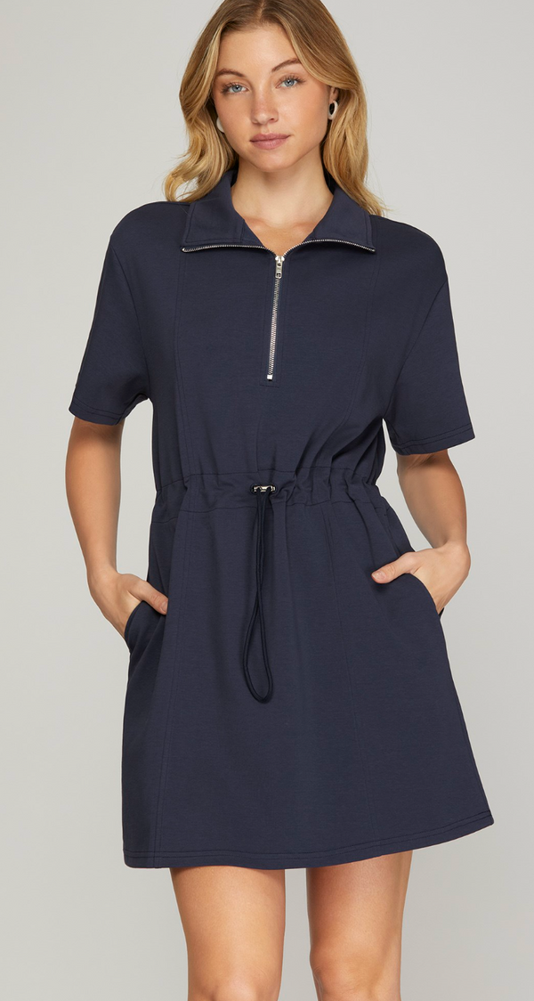 Navy Half Sleeve Half Zip Drawstring Waist Scuba Knit Dress