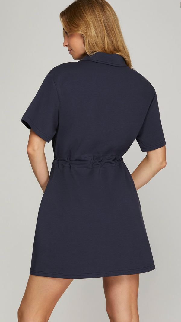 Navy Half Sleeve Half Zip Drawstring Waist Scuba Knit Dress