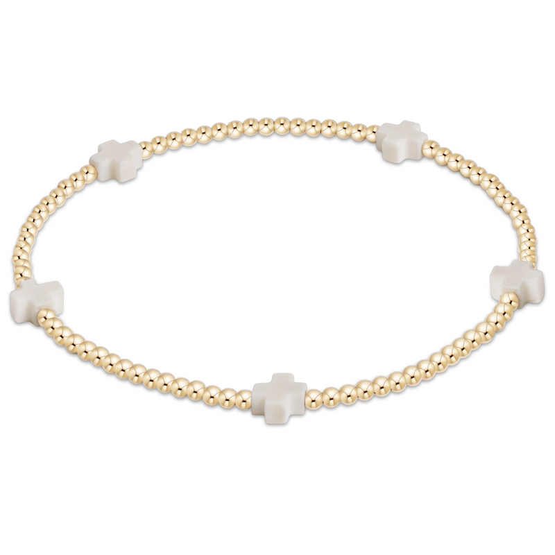 Signature Cross Small Gold Pattern 2mm Bead Bracelet - Off White