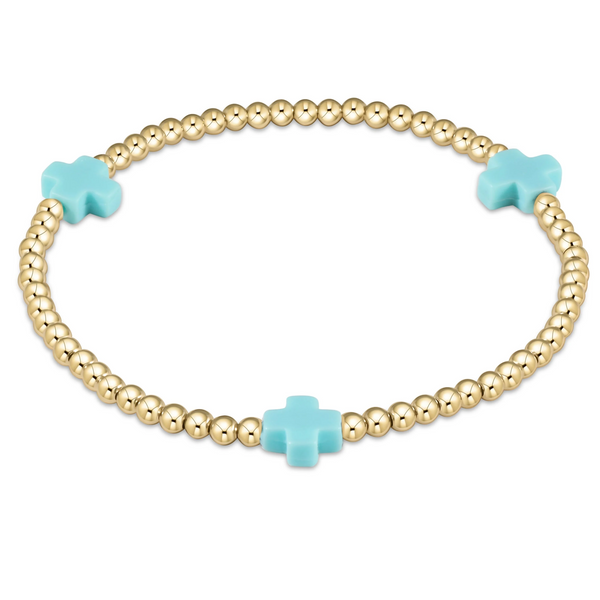 Signature Cross Gold Pattern 3mm Bead Bracelet Turquoise