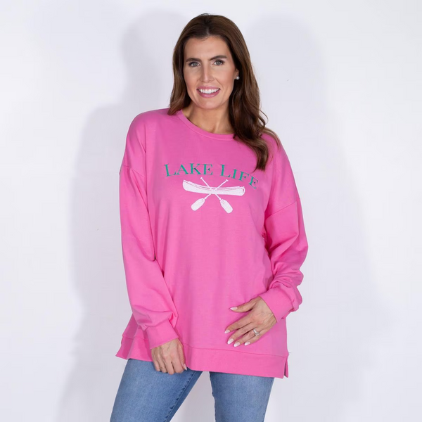 Lake Life Sweatshirt Pink with White Sequins and Emerald