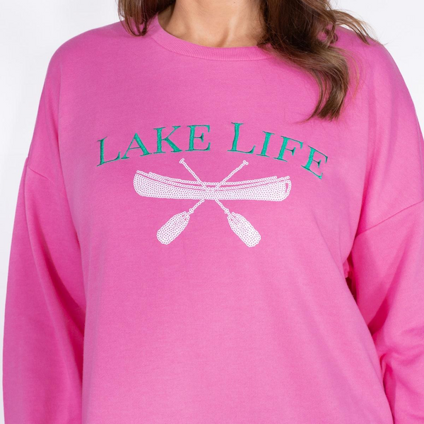 Lake Life Sweatshirt Pink with White Sequins and Emerald