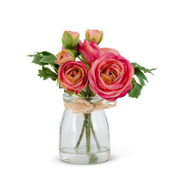 6.75 Inch Pink Ranunculus Premade in Glass Vase with Faux Water