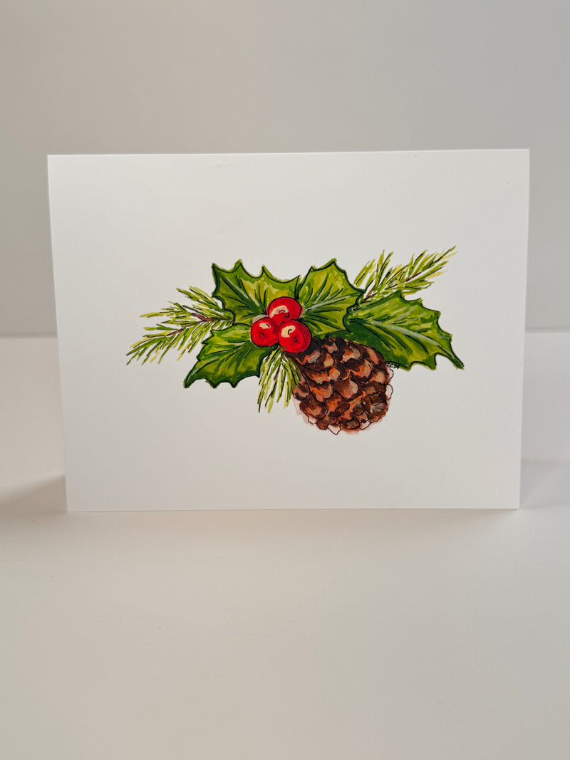 Holly & Pinecone Watercolor Greeting Card