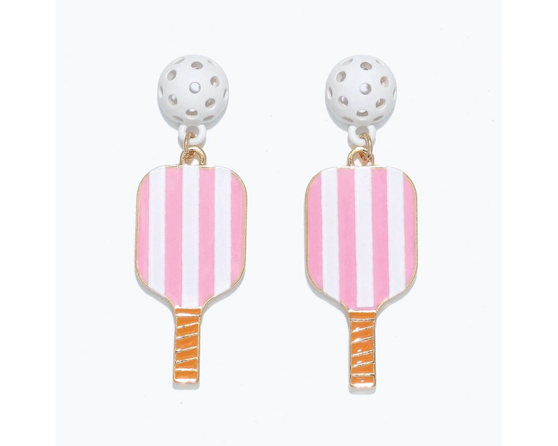 Pink Striped Pickleball Earrings