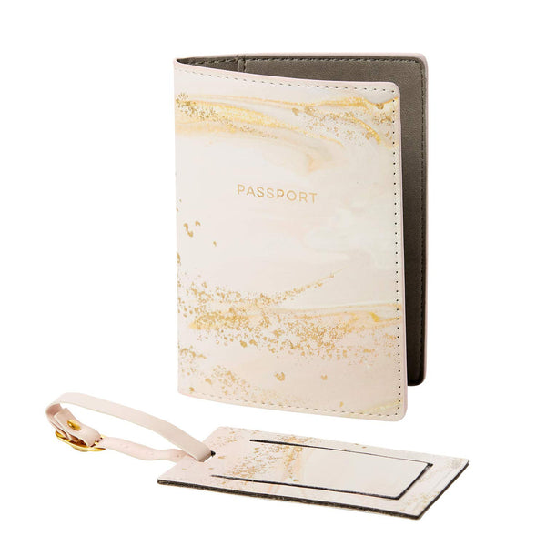 Passport and Luggage Tag Gift Set Pink Marbled