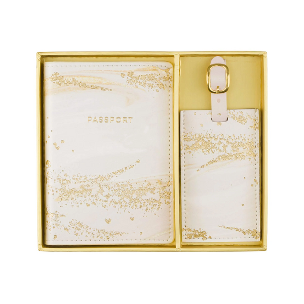 Passport and Luggage Tag Gift Set Pink Marbled