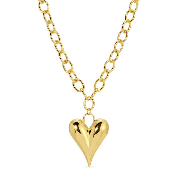 Large Oval Link Chain with Narrow Bubble Heart Pendant Necklace