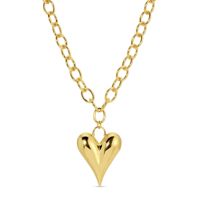 Large Oval Link Chain with Narrow Bubble Heart Pendant Necklace