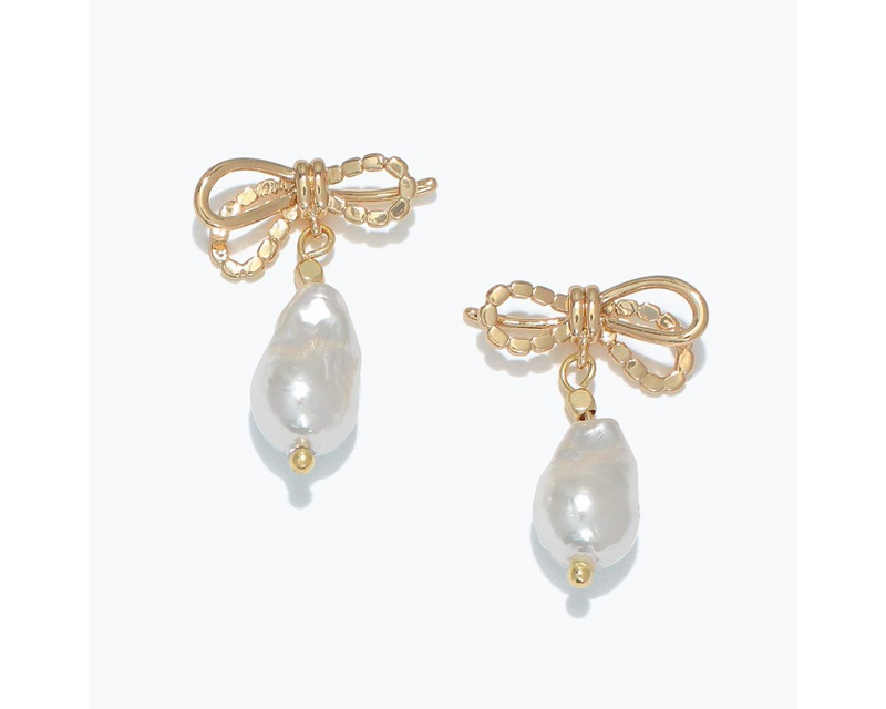 Gold Bows with Pearl Drop Earrings