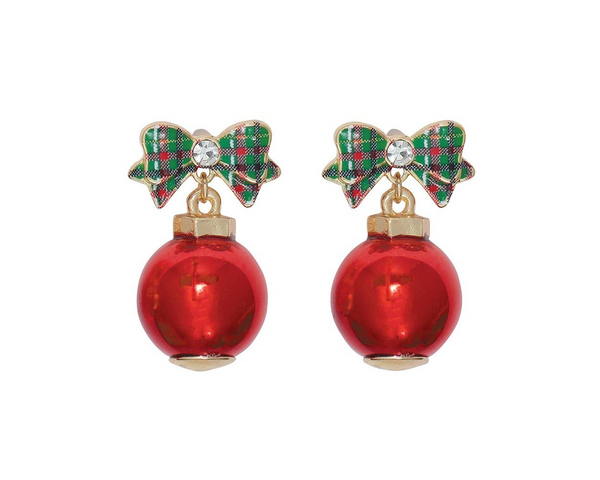 Plaid Bow with Red Ball Earrings