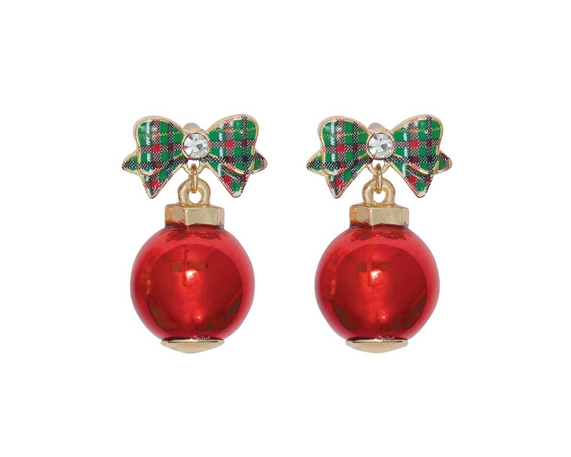 Plaid Bow with Red Ball Earrings
