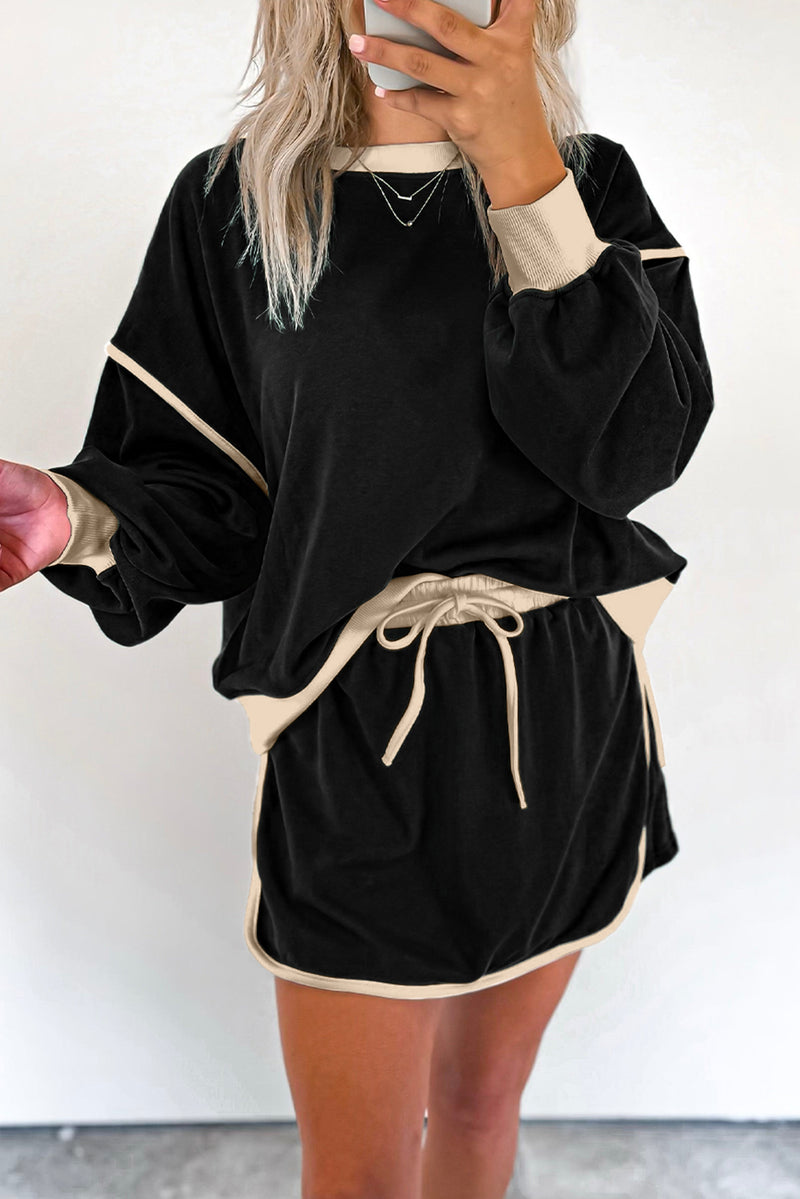 Black Color Contrast Loose Pullover and Tie Waist Skort Set