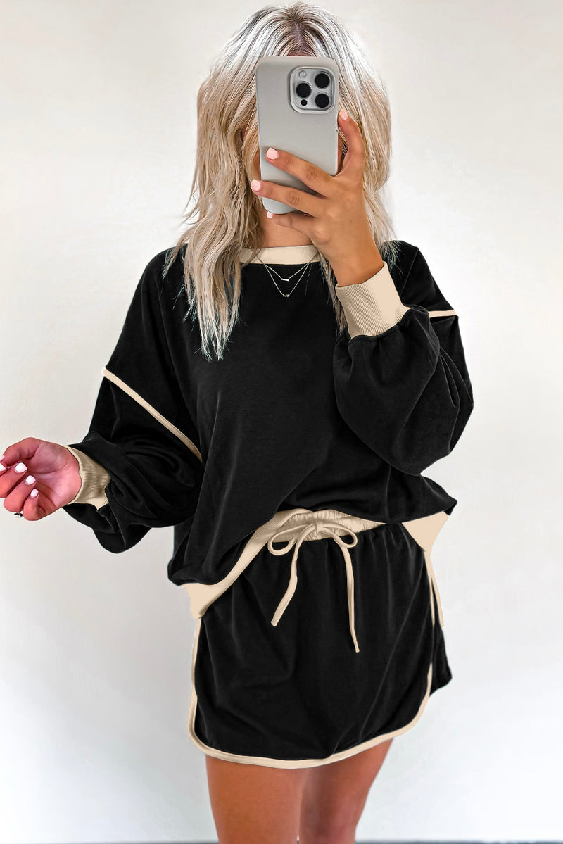 Black Color Contrast Loose Pullover and Tie Waist Skort Set
