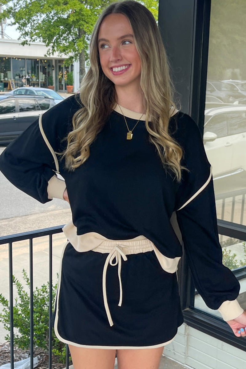 Black Color Contrast Loose Pullover and Tie Waist Skort Set