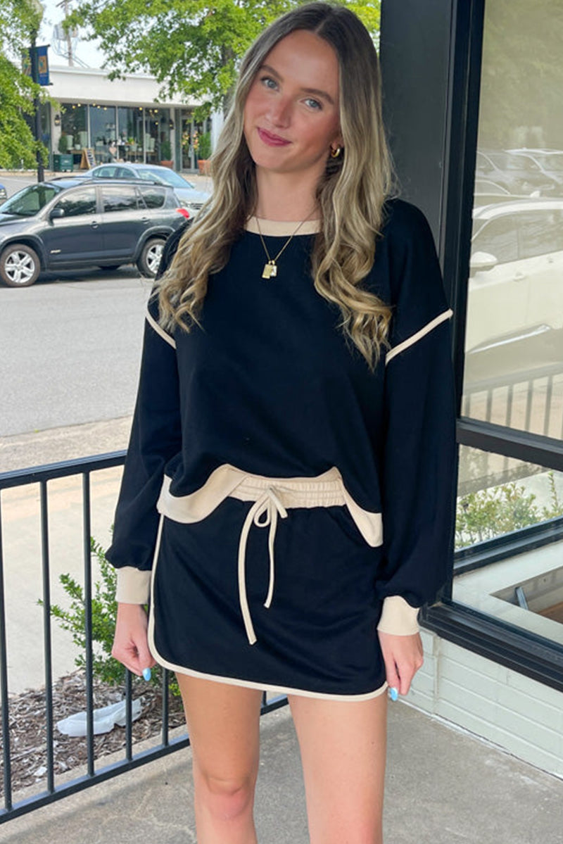 Black Color Contrast Loose Pullover and Tie Waist Skort Set