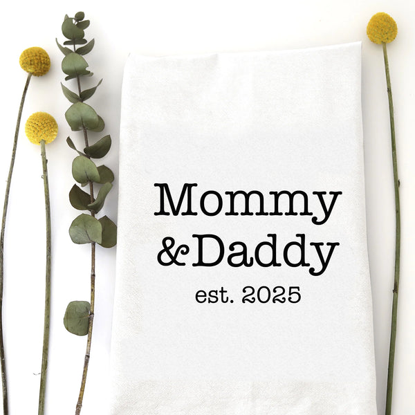 Mommy & Daddy Est. 2025 Tea Towel