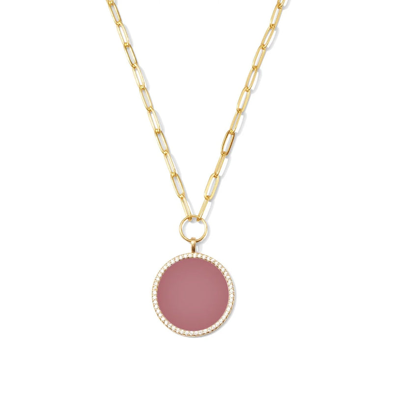 Rose Circle Pave Pendant Paperclip Chain Necklace Gold