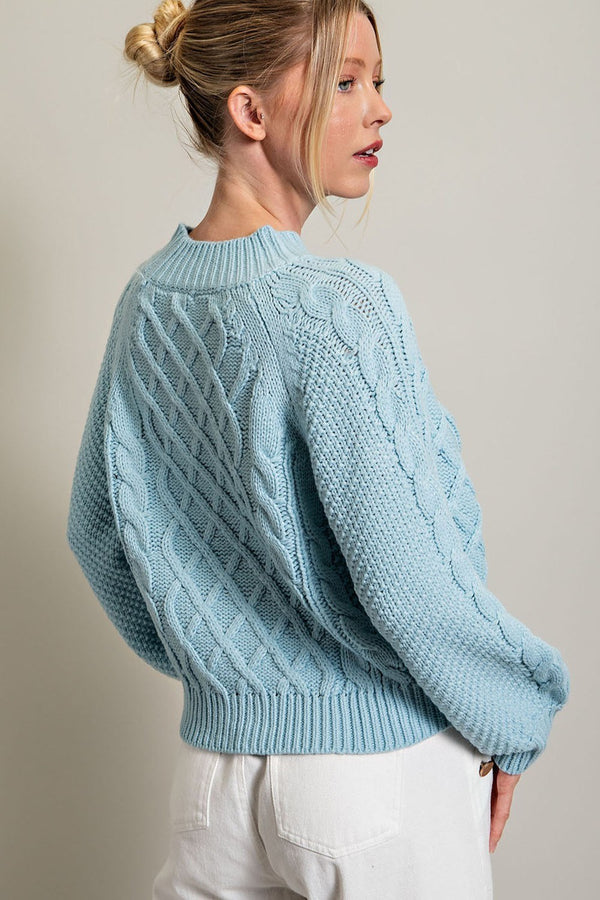 Sky Blue Crochet Round Neck Knit Sweater