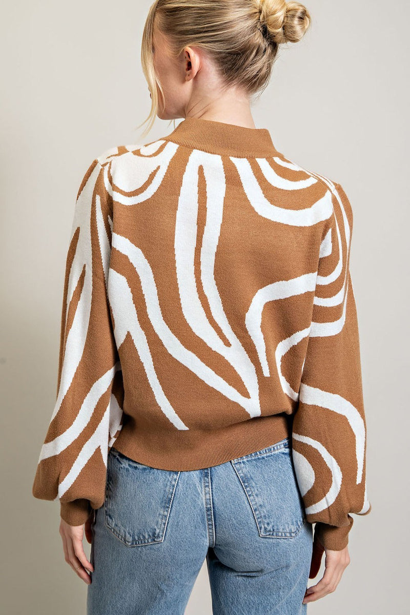 Camel Mock Neck Printed Sweater