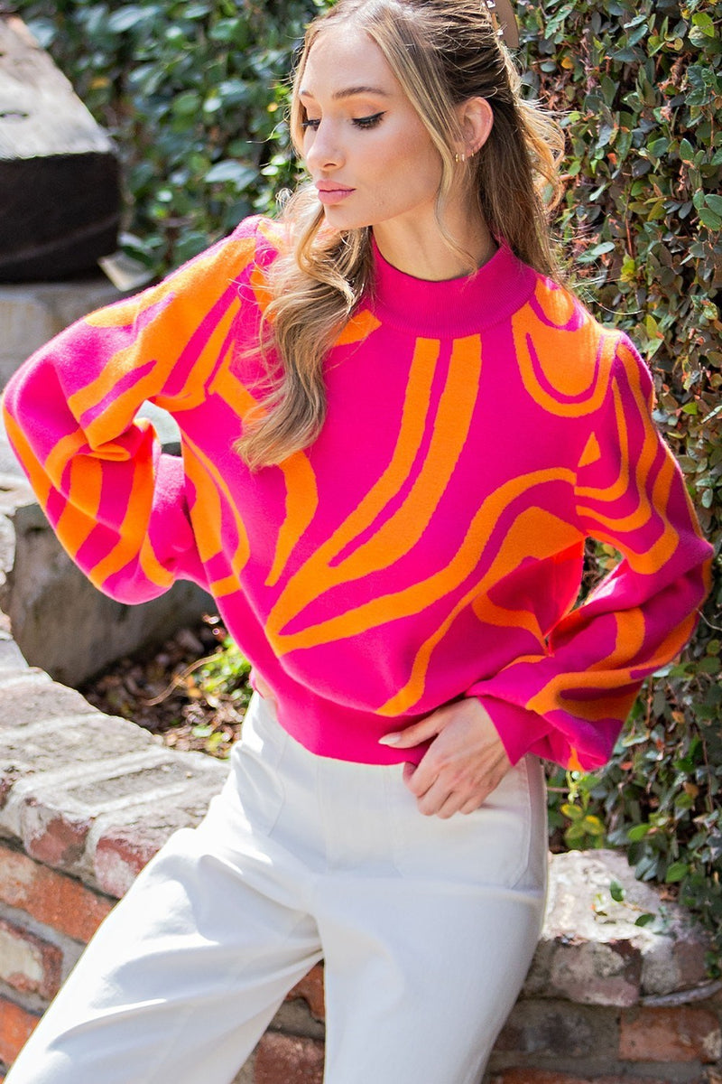 Hot Pink Mock Neck Printed Sweater