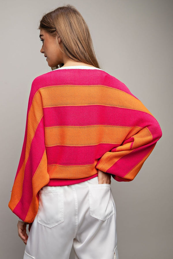 Striped Tangerine and Hot Pink Round Neck Knit Top