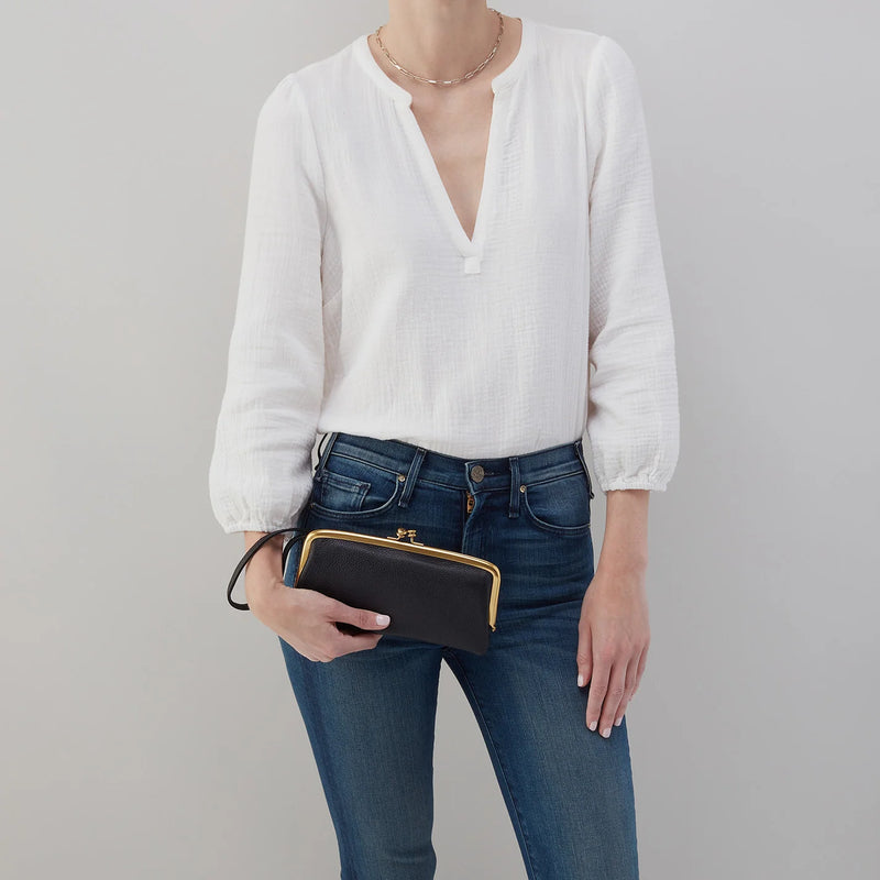 Cora Large Frame Wallet in Pebbled Leather Black