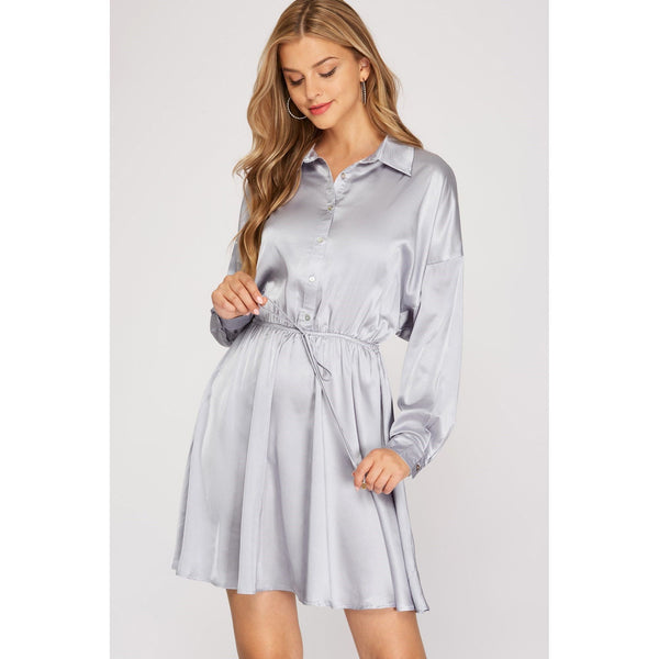 Long Sleeve Collared Flare Dress with Elastic Waist - Blue Grey