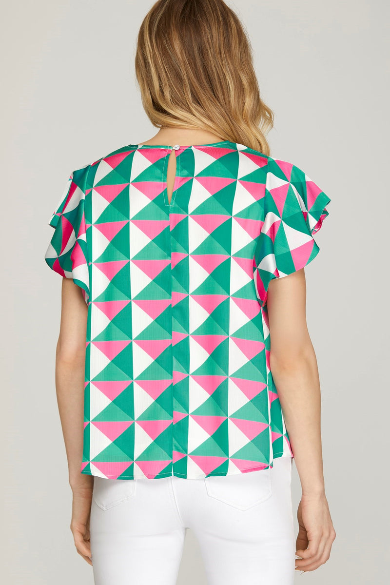 Flutter Sleeve Pink and Green Woven Toop